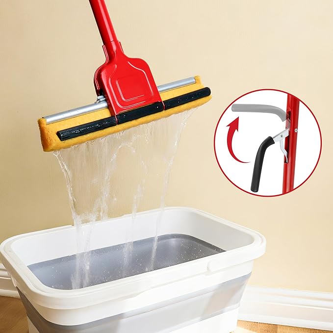 Compressed Cellulose Sponge Mop with 2 Roller swop mop Heads and 1 Bucket Suitable for Wood, Ceramic Tiles and Other Flat and Smooth Floors(1 Handle with 2heads and 1 Bucket)