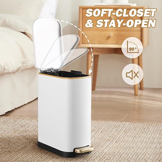 ELPHECO Bathroom Trash Can with Lid Soft Close, 3.5 Gallon / 13.5 Litre Stainless Steel Pedel Garbage Can with Removable Inner Bucket, Wastebasket for Bathroom, Office, Bedroom, Matte White