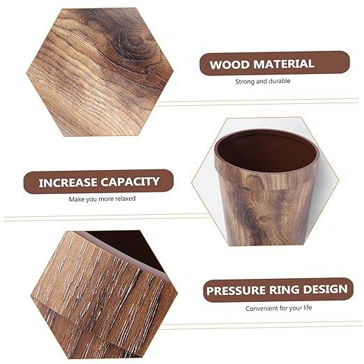 Mobestech 13 Gallon Brown Polypropylene Trash Can with Wood Grain Design