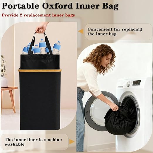 Recycling Bin for Kitchen 26 Gallon, 100L Large Recycle Bins with Bamboo lid, 2 Removeable Reusable Inner Bags, Foldable Kitchen Trash Can for Recycling Bottle Glass Waste Plastics, Black