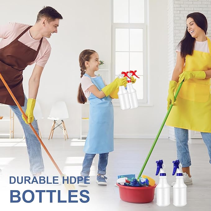 Zubebe 24 Pack 32 oz Plastic Spray Bottle Bulk Empty Leakproof Heavy Duty Spray Bottles for Cleaning Supplies Mist Bottles with Label and Adjustable Nozzle for Plant(Red, Blue,Clear Scale)