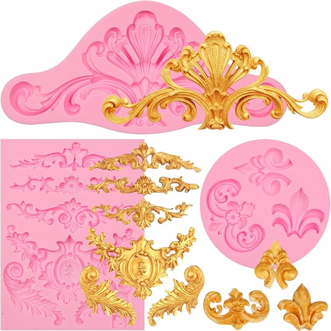 Baroque Silicone Molds for Cake Decorating, 3 Pieces Frame Vintage Relief Relief Fondant Molds for Flower European Style Cupcake Toppers Chocolate Candy