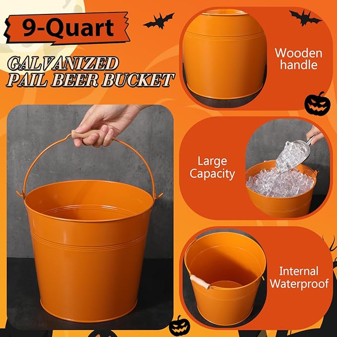 12 Pcs Large Galvanized Metal Buckets with Handle 10 Inch Heavy Duty Stainless Steel Pails Round Pail for Party Wedding, Crafts, Utensils, Table Centerpieces (Halloween Color)