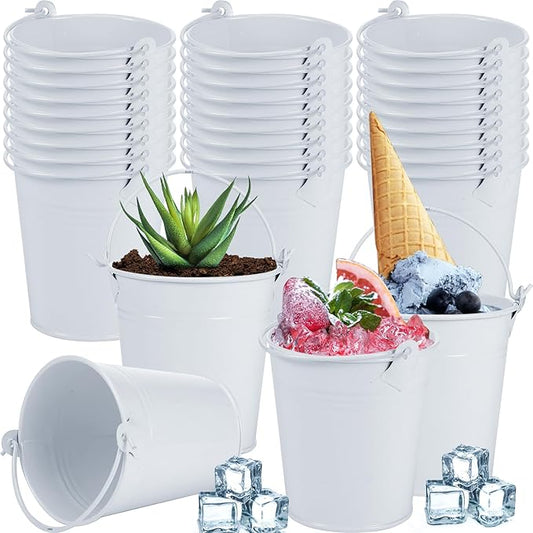 Mini Metal Buckets with Handles Galvanized Buckets 3.15 Inch Mini Container Pails for Metal Tin Plant Holder Pail for Wedding Decoration Party Favor(White,28 Pcs)