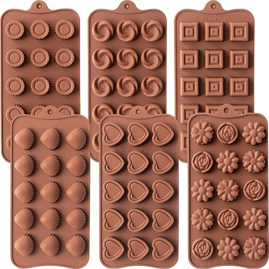 6 Pcs Silicone Chocolate Mold Set - Food-Grade Non-Stick Candy Molds Cookery Moulds for Chocolate, Candy, Jello, Soap & Crayon - Classic Shapes