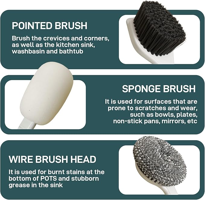 Dish Brush with Handle,4-Pieces Dish Brush Set with Holder,Replaceable Brush Heads Long Handle Kitchen Scrubber,for Pots,Sink,Pans &Bottles.Gray