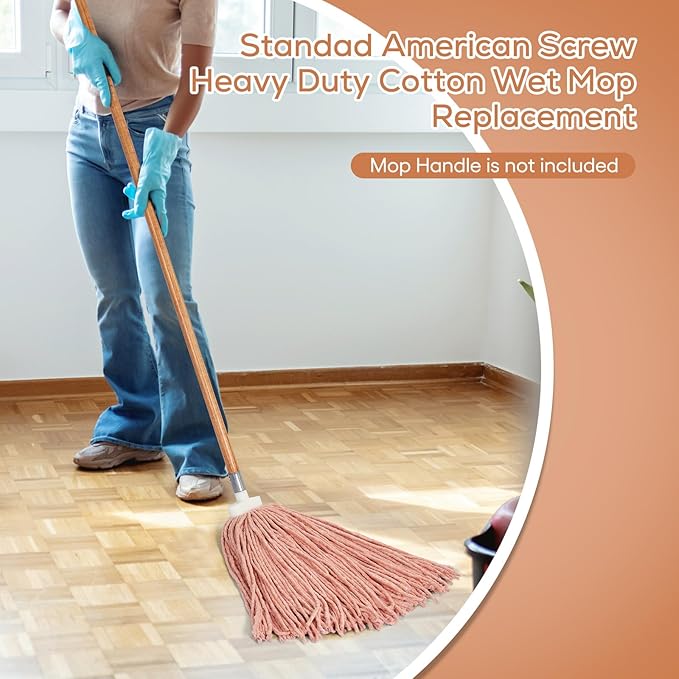 Matthew Cleaning Screw-on Heavy Duty Cotton Wet Mop Replacement Heads(Orange, Medium,12 Pack) with 2 Pack Microfiber Cloth for Residential & Commercial Floor Cleaning Use- Fit Standard American Screw