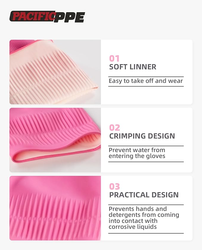 PACIFIC 2 Pairs Reusable Rubber Gloves for Washing Dishes and Cleaning Tasks, Water Resistant Household Gloves for Kitchen Bathroom, Grippy Latex Dish Washing, Pink, Small