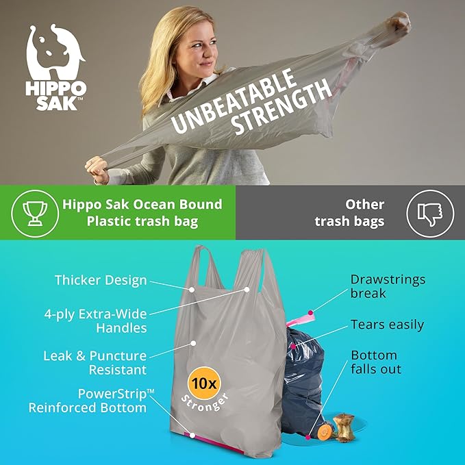 Hippo Sak - Tall Kitchen Garbage Bags with Ergonomic Handles - 13 Gallon Trash Bags Made from Recycled Ocean Bound Plastic - Super Strong and Leak Proof Tall Kitchen Trash Bags (90 Count)