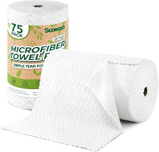 Microfiber Cleaning Cloths Roll, 75 Pack Tear Away Microfiber Towels Roll, 12" x 12" Lint Free Rags, Reusable Cleaning Cloths, Washable, Scratch Free,Ultra Absorbent Dish Rags(White Ripple)