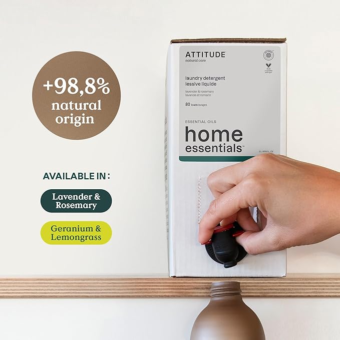 ATTITUDE Laundry Detergent with Essential Oils, EWG Verified, Vegan, Plant and Mineral-Based Ingredients, HE, Bulk Refill, 80 Loads, Lavender and Rosemary, 67.6 Fl Oz