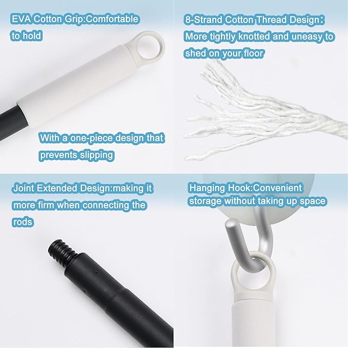 Indoor Mop for Floor Cleaning - Cotton Mops for Floor Cleaning, Regular Mop for Floors, 52-inch Simple Mops for Cleaning Living Rooms, Bathrooms, and Kitchens. (White&Blue)