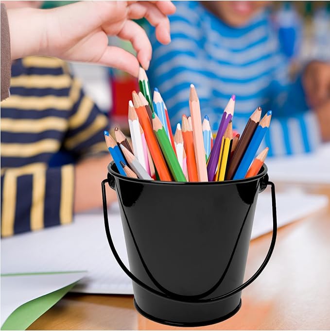 Metal Buckets with Handle - 6 Pack 4.3 Inch Small Iron Pail, Easter Bucket,Pencil Holder and Flower Pots,Craft Supply Holders for Events,School Storage and Party. (Black, 4.3" Top)