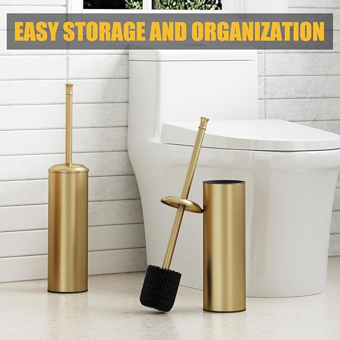 BESy Toilet Brush and Holder, Toilet Cleaner Bowl Set with Two Brush with Extra Long Handle, Durable Bristles Toilet Scrubber and Covered Holder, Drip-Proof Stainless Steel Brushed Gold