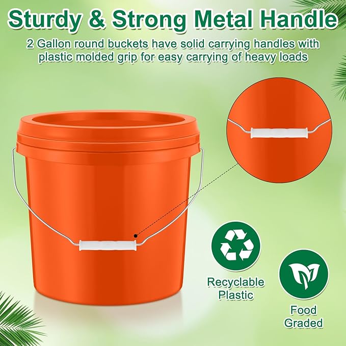 Tioncy 10 Pcs 2 Gallon Plastic Bucket with Lid Heavy Duty 2 Gallon Bucket Pail with Lid Handle for Storage Container Home Household Cleaning (Orange)