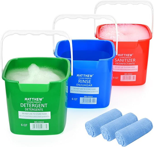 Matthew Red&Green&Blue Detergent and Sanitizing Cleaning Bucket 6 Quart Cleaning Pail,Set of 3 Square Containers,Built-In Spout w/Handle,Wash Rinse Sanitize Handwash Bucket,Incl.3Pcs Microfiber Cloths