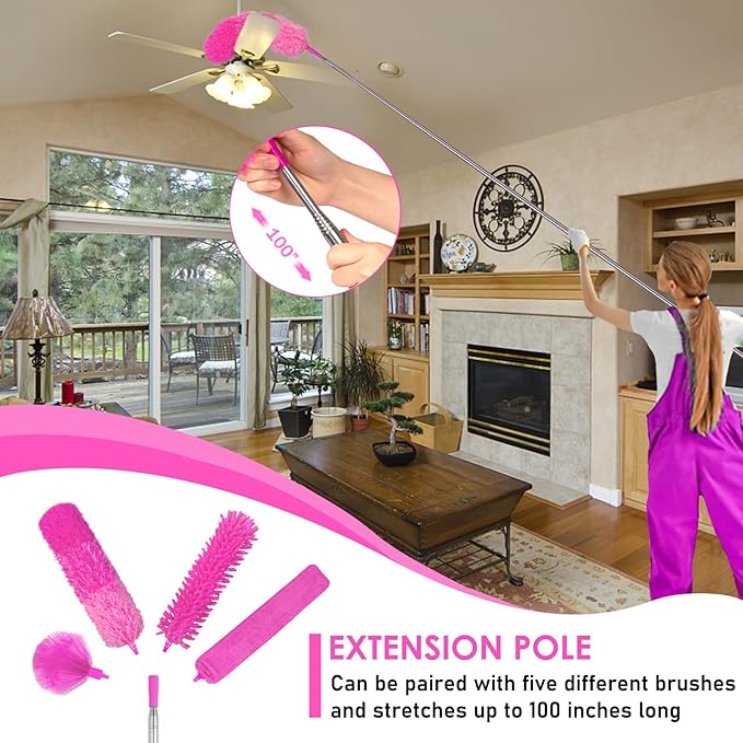 ThinkLearn Microfiber Dusters for Cleaning,14PCS Feather Dusters with Extension Pole,Bendable Washable and Extendable Duster for High Ceilings, Fans and Blinds House Cleaning Kit Pink Gift for Women