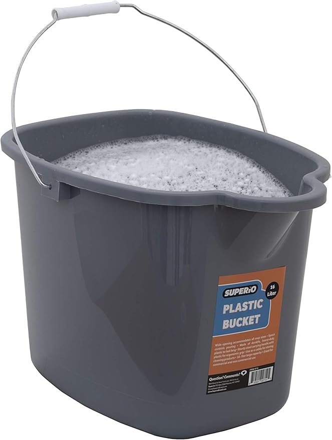 Superio Plastic Bucket with Grip Handle, 16 Liter Large Spout Cleaning Pail Grey, Heavy Duty Bucket Home Floor Mopping, Bath, Car Wash, Bowls for Camping, Fishing, 2 Pack