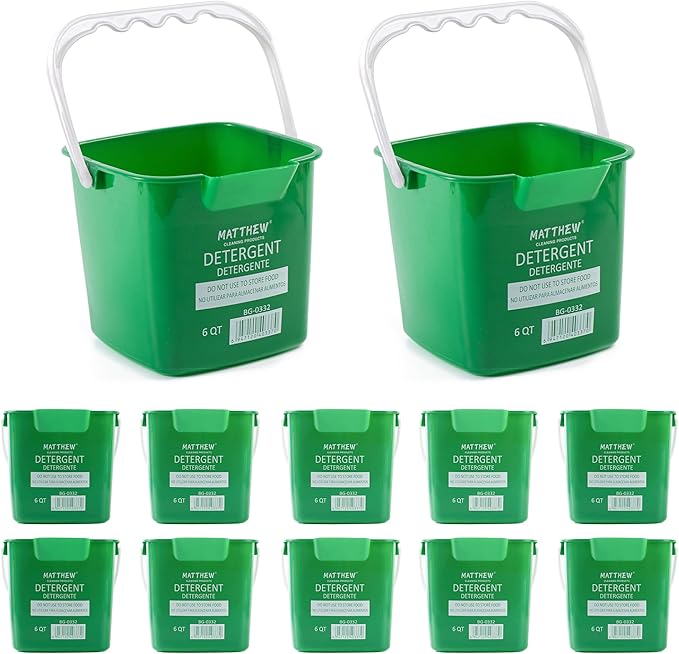 Matthew Detergent&Sanitizing Cleaning Bucket 6 Quart Plastic Pail,Set of 12 Square Containers,Built-in Spout w/Handle,Wash Rinse Sanitize Handwash Bucket for Home Office Commercial Restaurant (Green)