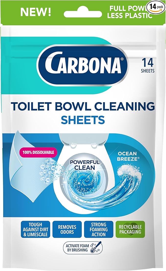 Carbona Toilet Bowl Sheets – Ocean Breeze Scent – Powerful Toilet Bowl Cleaner – 14 Sheets – Less Plastic Waste