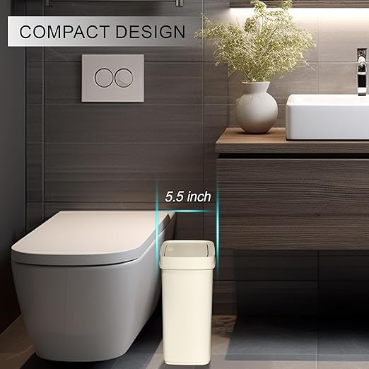 UUJOLY Small Bathroom Trash Can with Lid Slim Wastebasket Garbage Can Plastic Container Basket Trash Bin for Kitchen, Laundry Room, Office, Kids Room, Dorm, Beige, 2.4 Gallon, 2 Pack