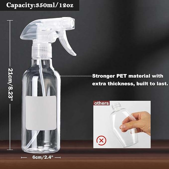 Plastic Spray Bottles 12oz 2 Pack Adjustable Mist/Stream Spraying Heavy Duty Square Water Spray Bottles for Hair, Cleaning Solutions, Plants，Essential Oils (Clear)
