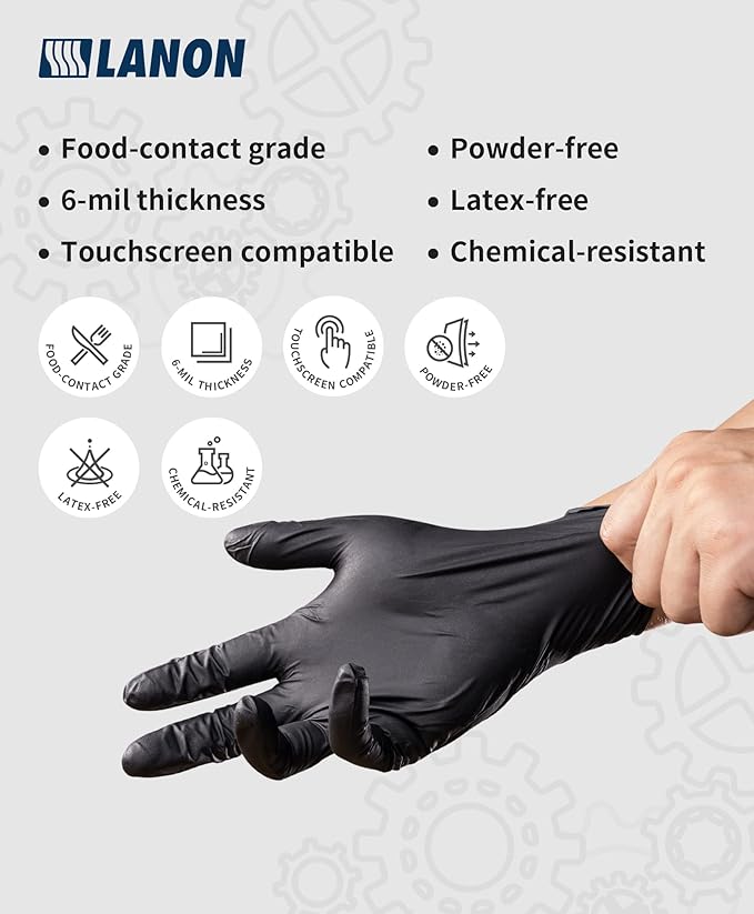 LANON 6-mil Black Nitrile Disposable Gloves, Food-Safe, Powder-Free, Heavy-Duty, Textured Fingertips, Latex-Free, Small