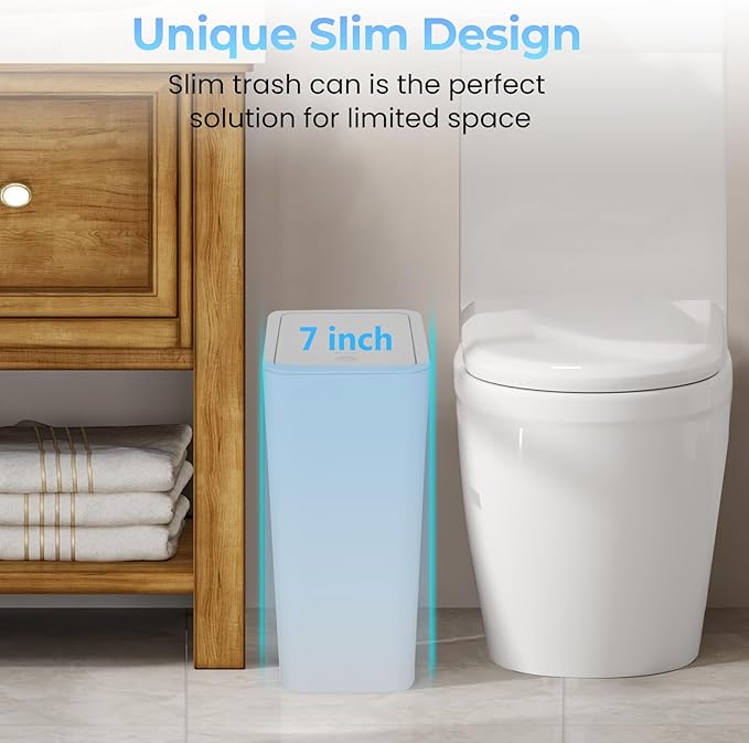 3 Pack 4 Gallon Bathroom Small Trash Can with Lid, 15L Slim Garbage Bin Wastebasket with Pop-Up Lid for Bedroom, Office, Kitchen, Dorm, Fits Under Desk