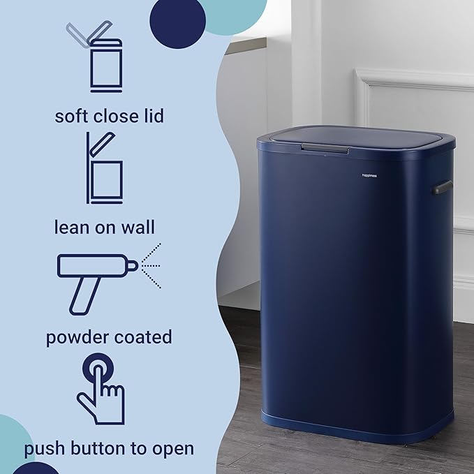 happimess HPM1017J Tammi Kitchen 14.5-Gallon Slim Metal Push Button Trash Can for Home, Kitchen, Laundry Room, Office, Bedroom, Bathroom, Denim Blue