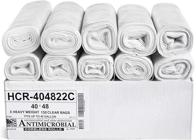 Aluf Plastics High Density Trash Bags, 45 Gallon, 150 Count, 22 Micron (eq), 40" x 48", Clear, for Bathroom, Office, Industrial, Commercial, Janitorial, Municipal, Recycling