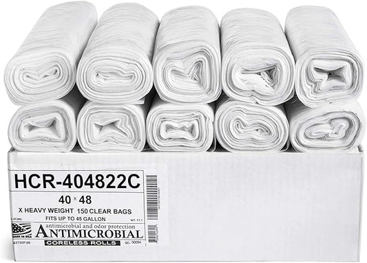 Aluf Plastics High Density Trash Bags, 45 Gallon, 150 Count, 22 Micron (eq), 40" x 48", Clear, for Bathroom, Office, Industrial, Commercial, Janitorial, Municipal, Recycling