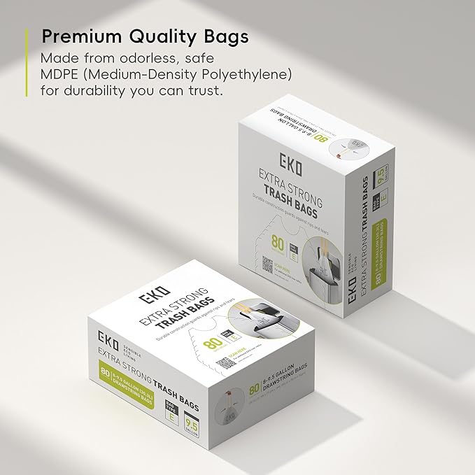 EKO Easy-Dispense Roll 80 Count Extra-Strong Drawstring Tall Kitchen Trash Bag, 8-9.5 Gallon Trash Bag (30.3L-36L) 1 Pack White, Code E