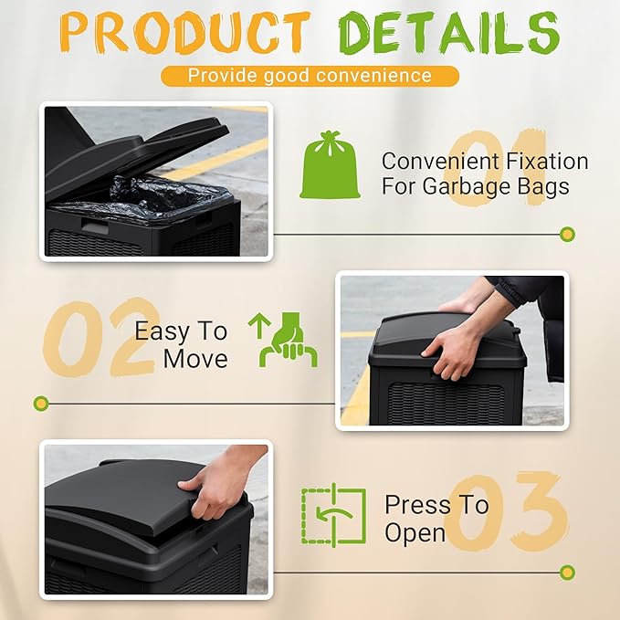 YESHOMY 4 Pack Outdoor Trash Can with Lid, Garbage Bins for Garden, Porch, Home and Kitchen, Black