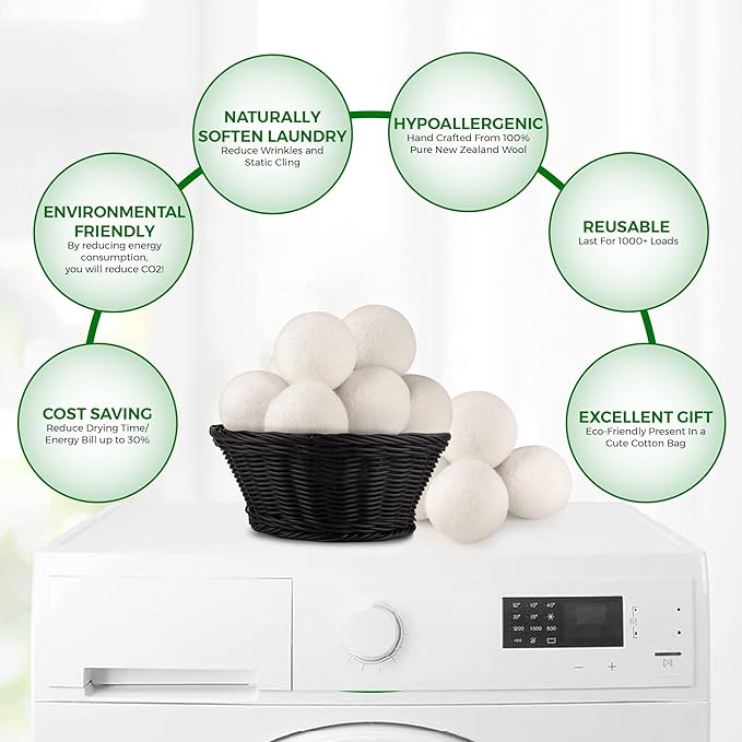 Wool Tumble Dryer Balls– Eco-Friendly Organic Fabric Softener, Reduce Wrinkles & Drying Time, Save Energy, Reusable, Handmade, 100% New Zealand Wool, Baby Safe, Unscented, XL Size (Pack of 4)
