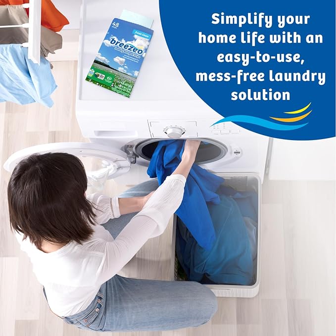Breezeo Laundry Detergent Strips (48 strips) - Fresh Linen Scent - More Convenient than Pods, Pacs, Liquids or Powders – Great for Home, Dorm, Travel, Camping & Hand-Washing