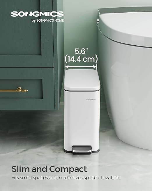 SONGMICS Bathroom Trash Can, 1.3 Gallon (5 L) Small Trash Bin with Lid, Slim for Small Spaces, Stainless Steel Garbage Can, Soft Close, White ULTB560W05