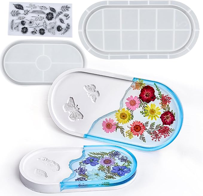 Silicone Tray Molds for Epoxy Resin Mold Tray with Sides 2 PCS Butterfly Carved Jewelry Trinket Dish Concrete Plaster Mould Large Oval Storage Plate Coaster Container Cement Moulds with Clear Stamps