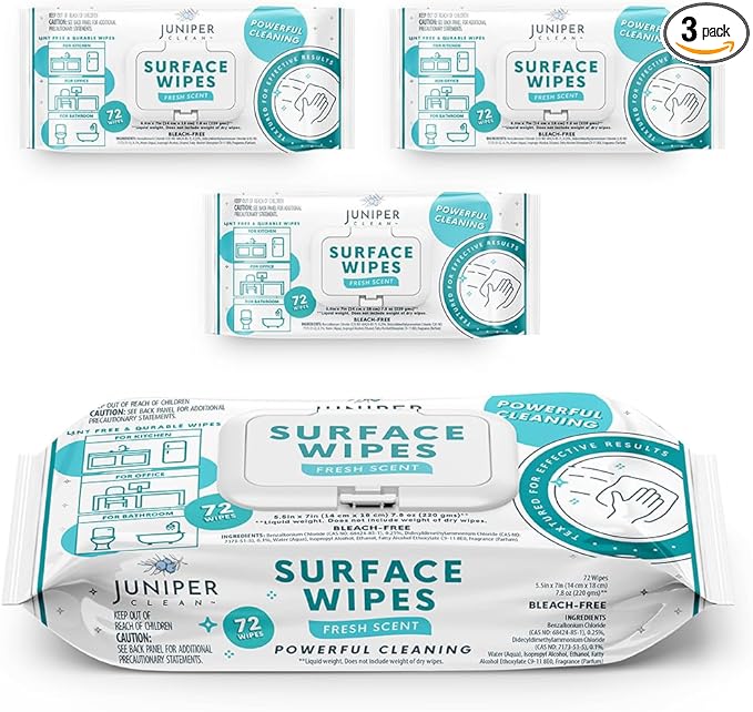 3 Pack Surface Cleaning Wipes Bleach Free, All-Purpose Cleaner for Bathroom, Kitchen, Office, 72 Count Soft Flow, Fresh Scent, Lint Free & Durable