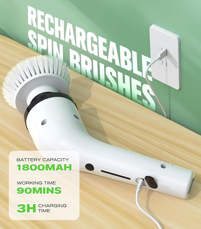 Electric Spin Scrubber for Cleaning, Cordless IPX5 Waterproof Bathroom Shower Scrubber Brushes with 9 Head, 1.5H Power Dual Speed Cleaner with Extendable Handles for Bathtub Floor Kitchen Wall