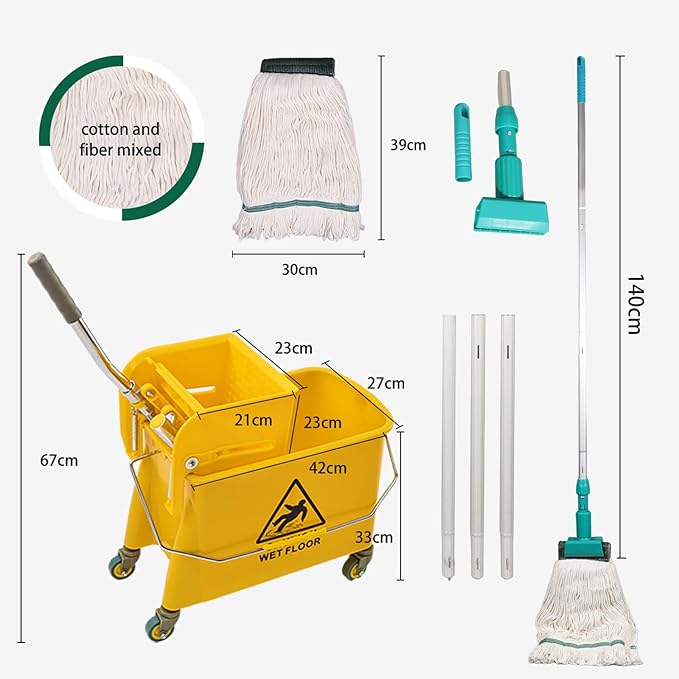 22 Qt (5.5 Gallon) Mop Bucket with Wringer for Floor Cleaning, Handle, Wheels, 16.5" L x 10.6" W x 26.4" H, Yellow,Add One Loop-end String Mop