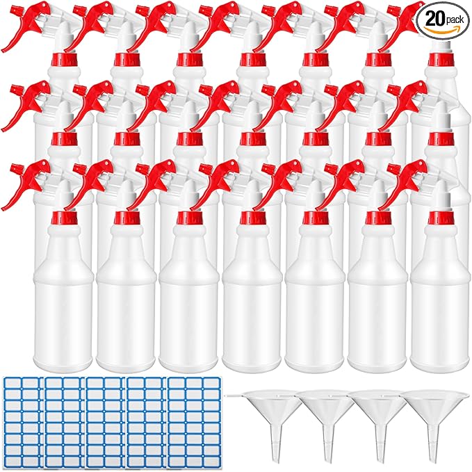 Eccliy 20 Pack 16oz Empty Spray Bottles, Leakproof Cleaning Bottles with Measurement and Adjustable Nozzle for Housekeeping, Commercial Use(White Cylinder Without Measurement,Red White)