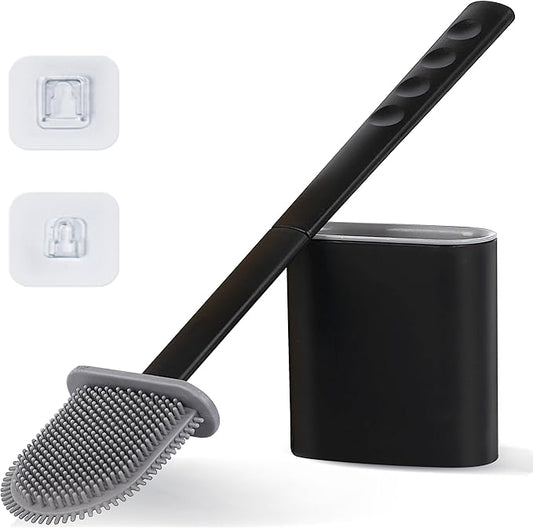 Silicone Toilet Brush and Holder Set – Pack of 1 Wall Mounted Black Toilet Brush – Long Non-Slip Handle, Flexible Bristles for Easy Cleaning – Modern Toilet Scrubber Brush