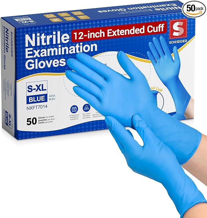 Schneider Nitrile Exam Gloves, Extended 12 Inches Cuff, Small, 4 mil, 50-ct Box, Gloves Disposable Latex Free, Powder Free for Medical, Food Prep, Cleaning, Cooking, Blue