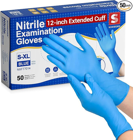 Schneider Nitrile Exam Gloves, Extended 12 Inches Cuff, Large, 4 mil, 50-ct Box, Gloves Disposable Latex Free, Powder Free for Medical, Food Prep, Cleaning, Cooking, Blue