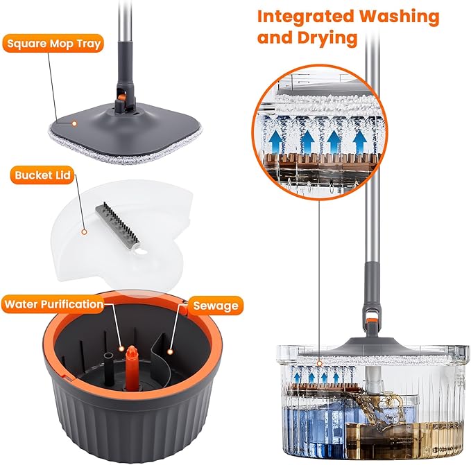 Chabatree Mop and Bucket Set，Spin Mop and Bucket Set with Separate Dirty and Clean Water，6 Replaceable Mop Pads，Deep-Cleaning Mops for Floors, Versatile Mops for Walls