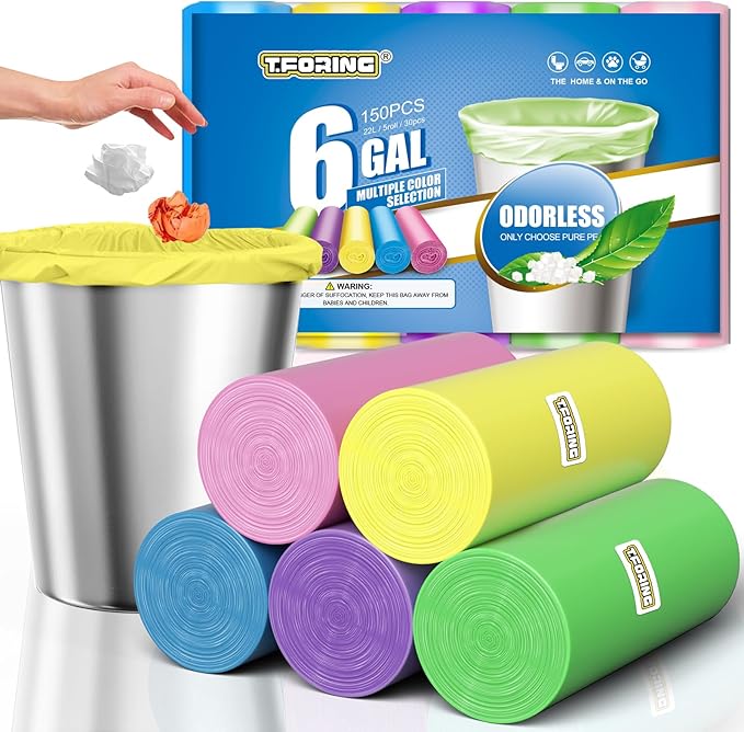 6 Gallon Trash Bags Colored 0.94 Mil Thick - 150 Count Medium Garbage Bags for Bathroom, 22 Liter Plastic Wastebasket Liners for Home Office Kitchen