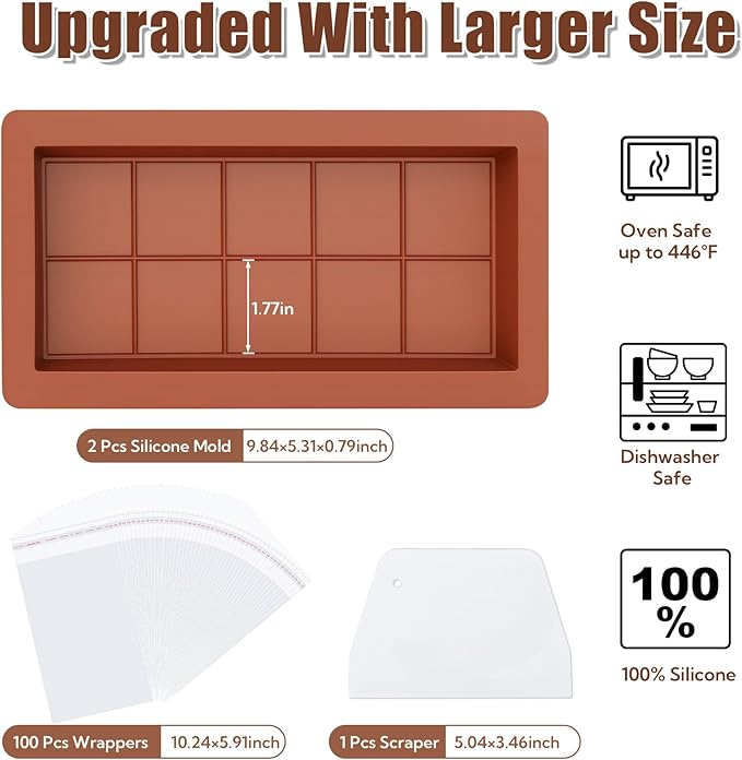 2 Pack Dubai Chocolate Bar Mold Deep Chocolate Molds Silicone with 100 Pcs Bags and 1 Pcs Scraper Set Big Chocolate Bar Mold for Filling Pistachio Chocolates Bars Homemade Candy Making