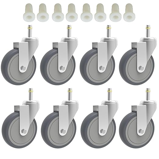 4-Inch Swivel Stem Caster, 7/16-Inch Stem Diameter Rubber Wheel, Heavy Duty TPR Replacement Wheels for Rubbermaid Mop Bucket Cart Grill Casters - 8 Pack