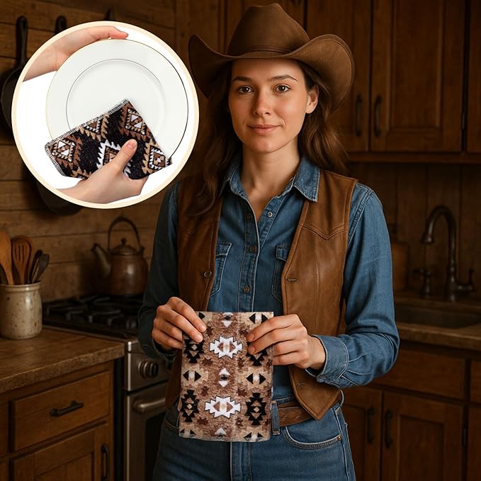 36 Pack Reusable Cleaning Cloths Washable Cotton Kitchen Towels for Home(Western Aztec,Brown)