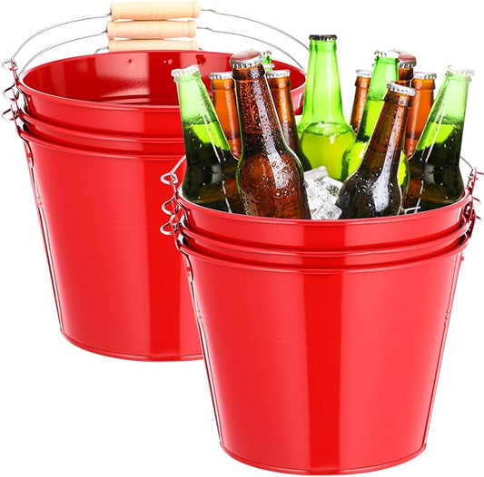 Zopeal 6 Pcs Large Metal Bucket Beer Bucket Galvanized Steel Pail with Handle for Gifts Basket Ice Candy Party(9 x 7 x 7 Inch,Red)